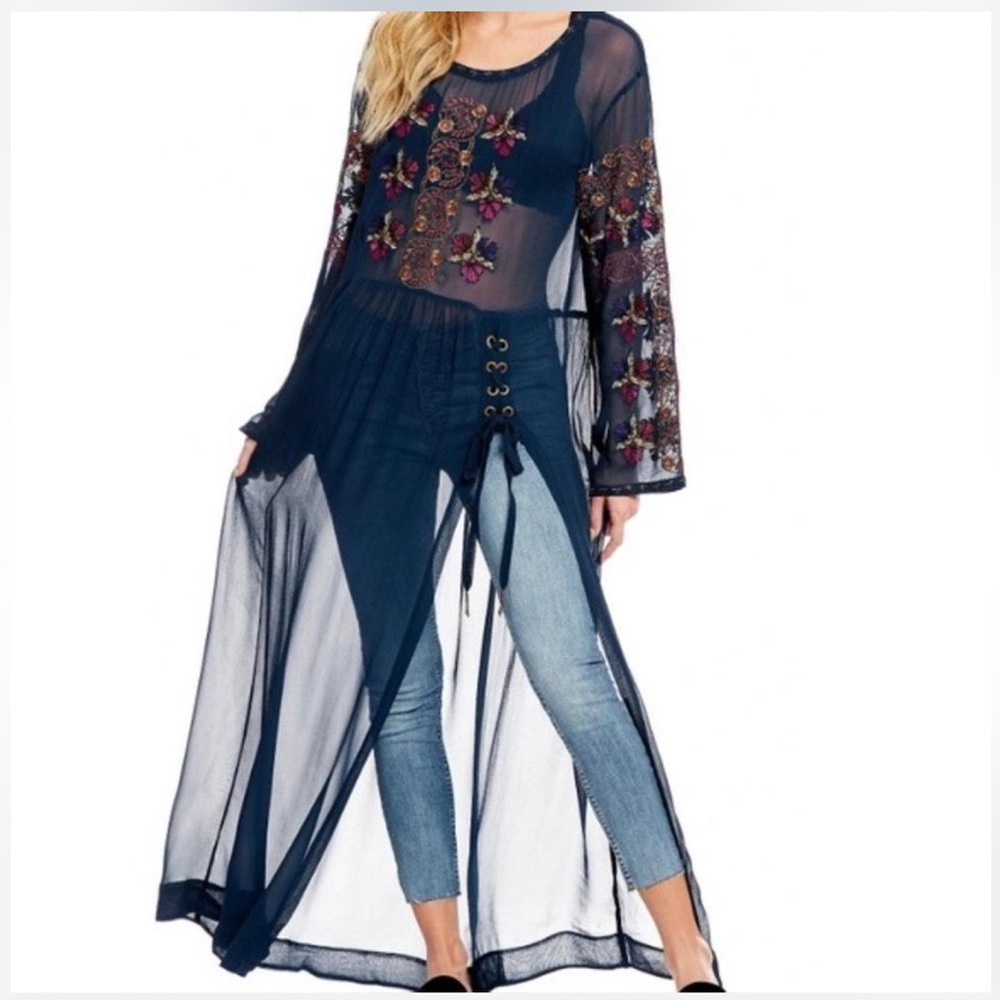 Free People Sheer Navy Maxi Dress with Embroidery